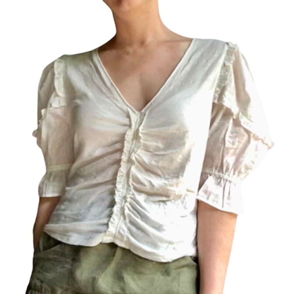 Anthropologie NWT Dreamy Ruched White Ruffle Top Small Cotton